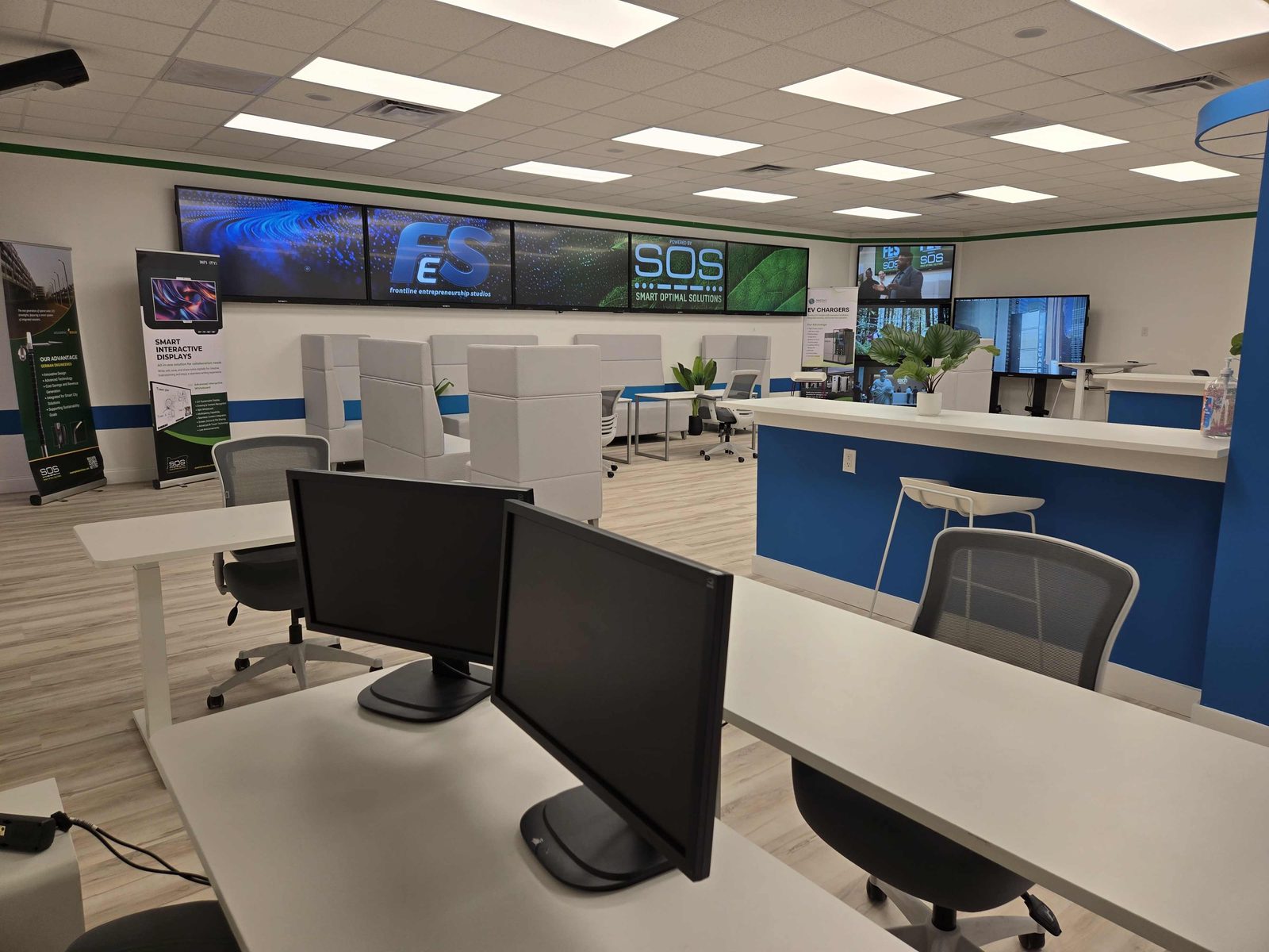 Dedicated workstations with dual monitors and FES branded displays